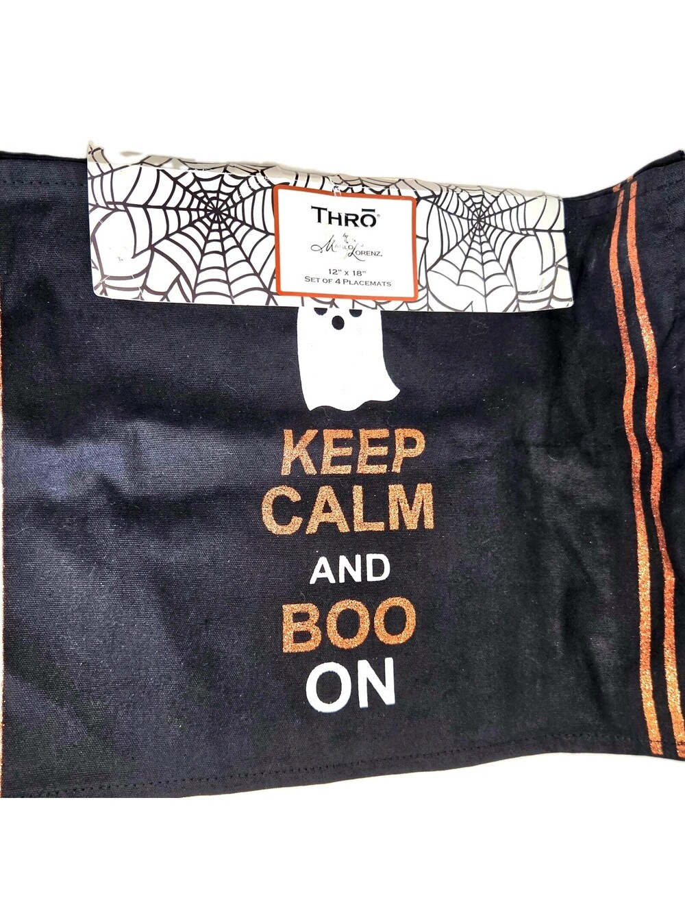 NEW MARLO LORENZ Set 4-Black Fabric Placemat Keep Calm & Boo On Halloween 12x18